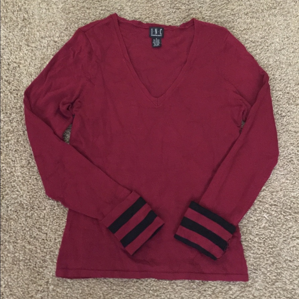 INC red stretchy v neck winter top.